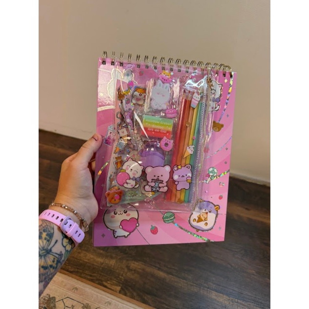 Kawaii Aesthetic Hot Focus Stationery Set Pink Boba Bear Art Supplies